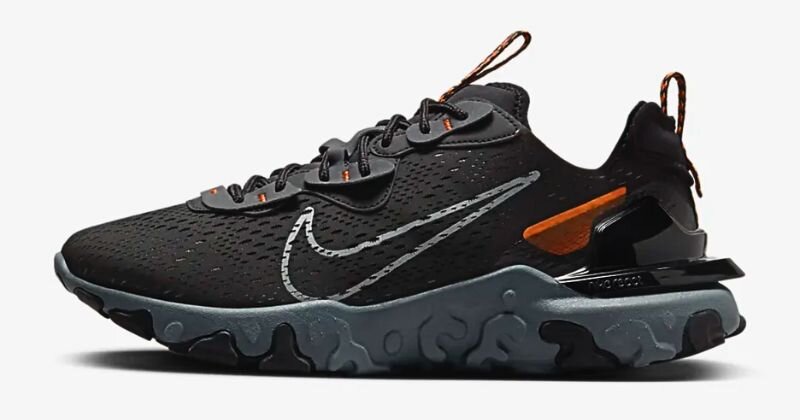 Nike react trainers, in black with grey, orange and white detailing